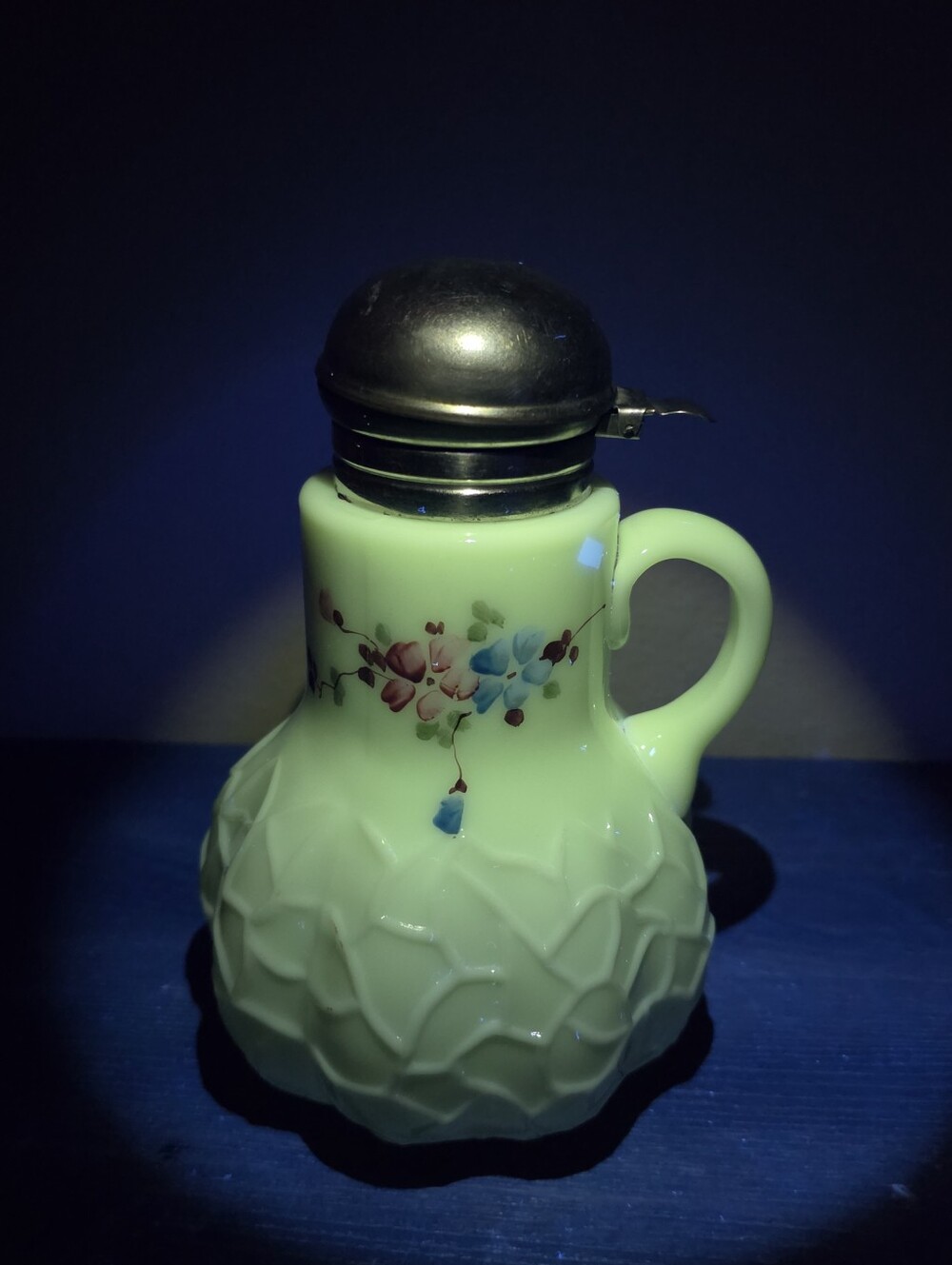 Dithridge and Co. Vintage Milk Glass Syrup Pitcher - Uranium Glow
